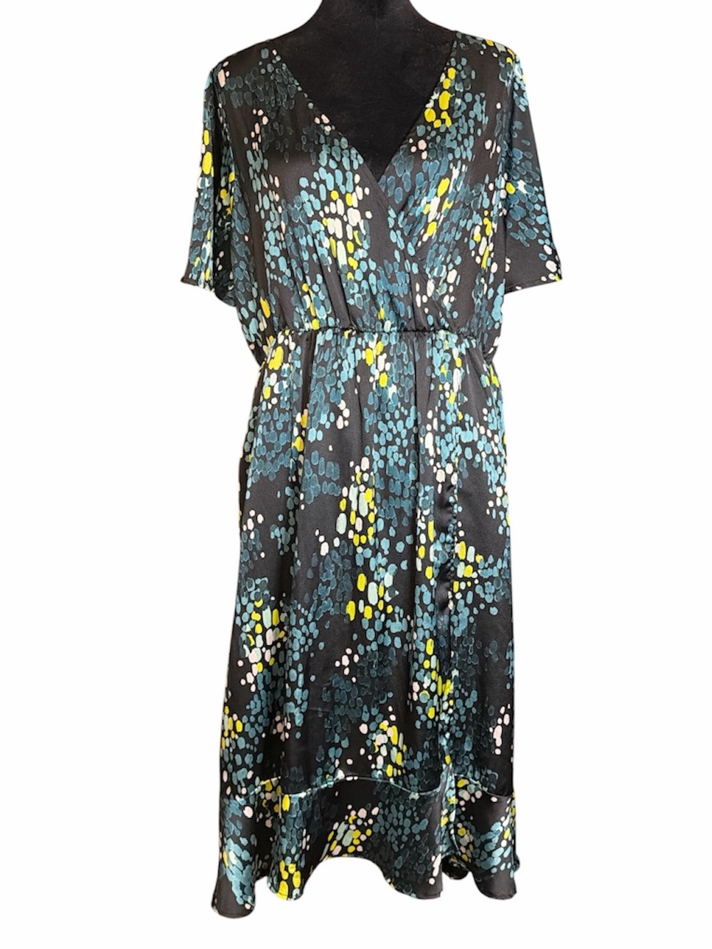 torrid Black V-Neck Midi Dress with Teal, Yellow & White Spots